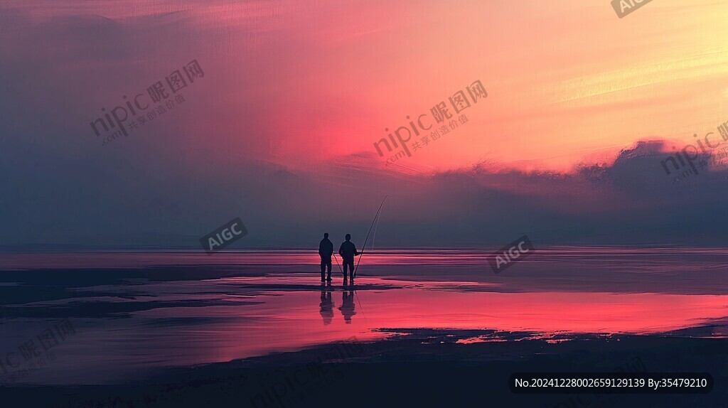 海邊暮色人影