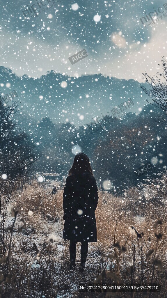 雪中美女背影
