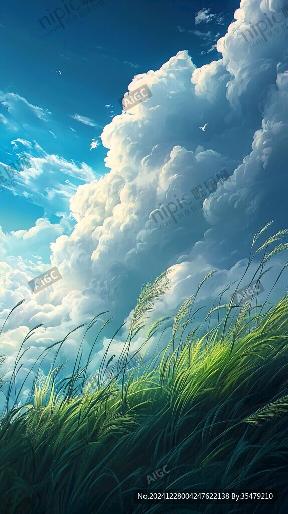 藍天白云綠草油畫
