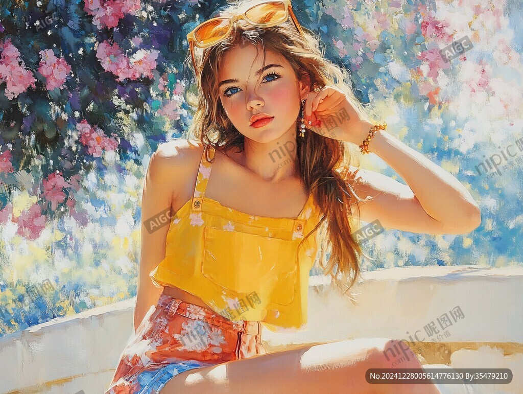 夏日花下少女