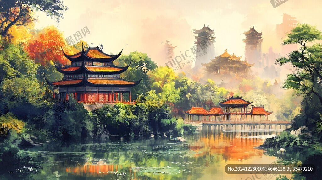 古風亭臺樓閣油畫