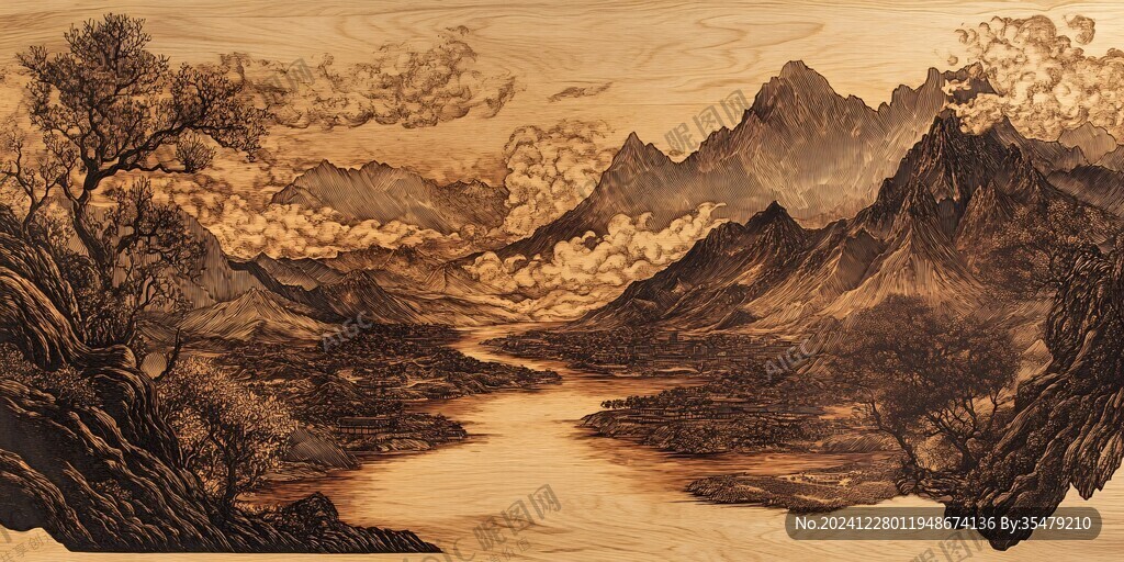 山水木刻畫