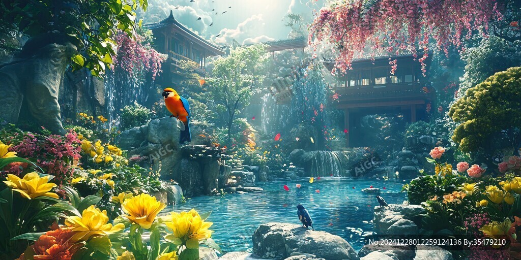 竹林假山花鳥飛鳥