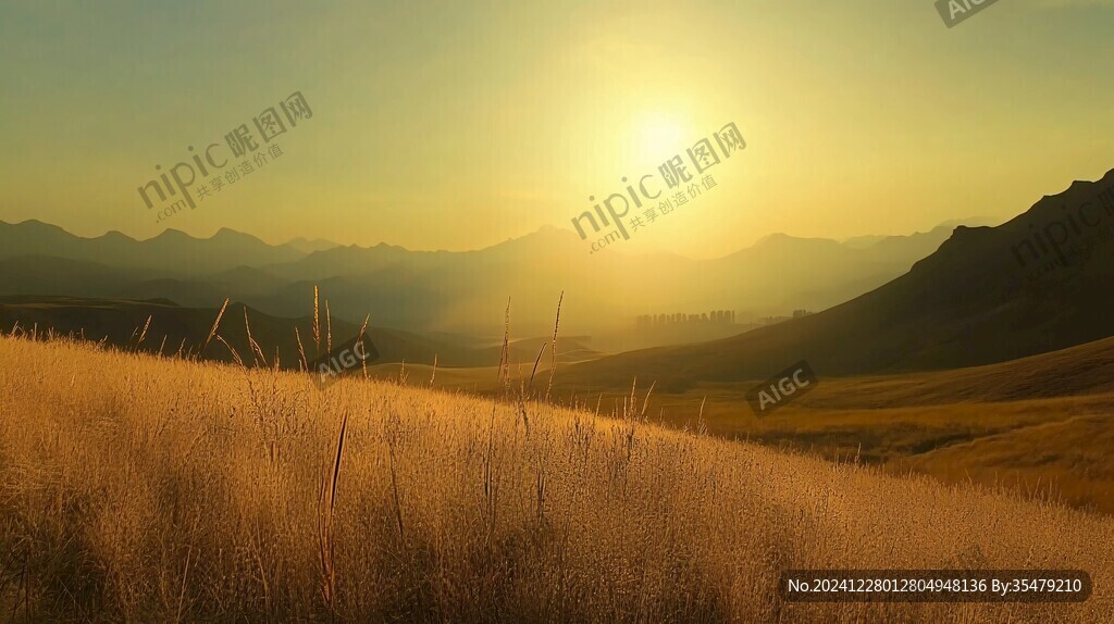山地丘陵草場夕陽