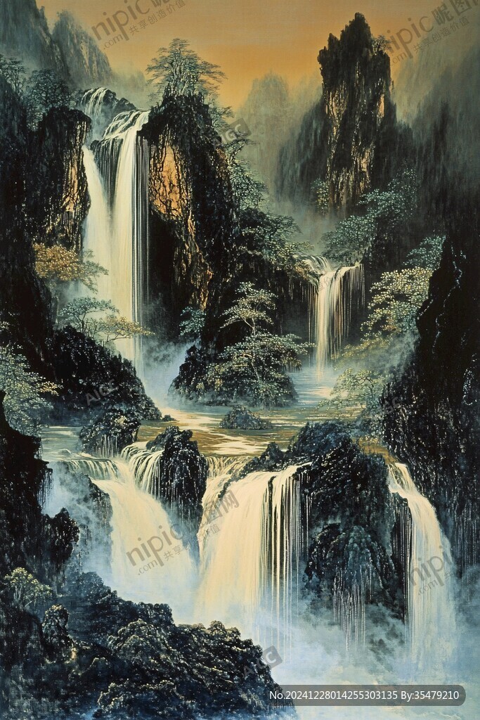 山水風景油畫瀑布