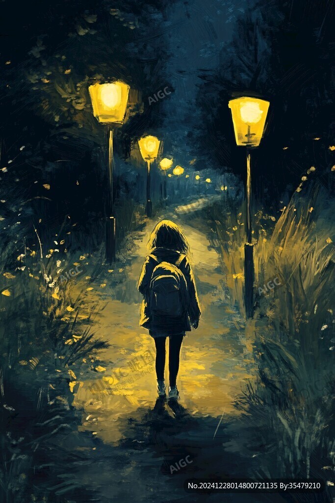 街燈下玩耍的女孩