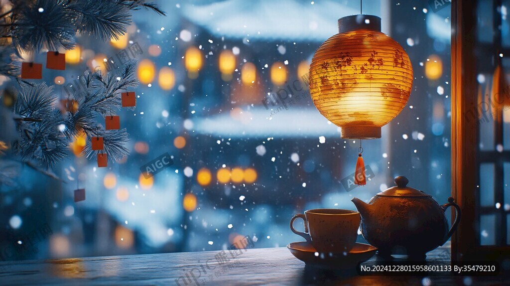 飄雪雪花雪景燈籠