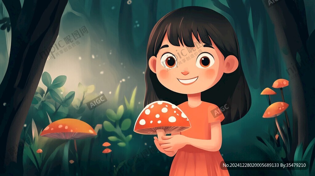 采蘑菇的小姑娘插畫