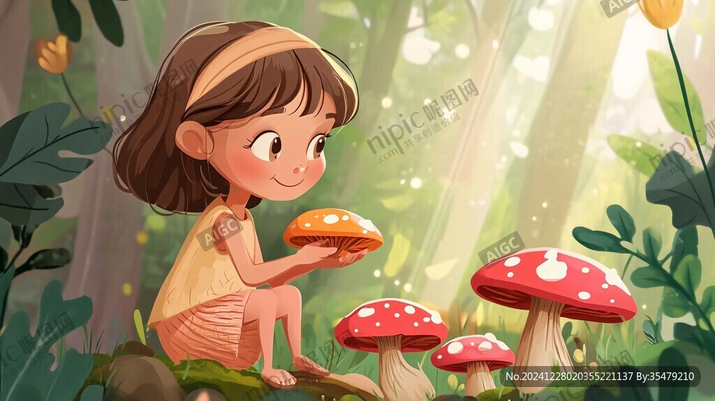 采蘑菇的小姑娘插畫