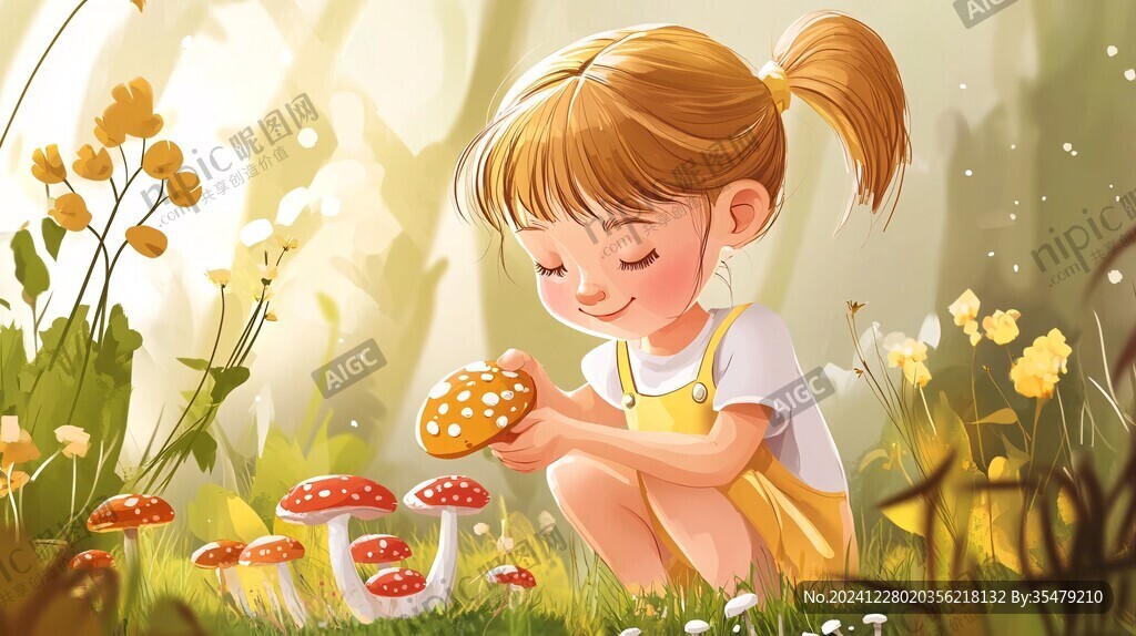 采蘑菇的小姑娘插畫