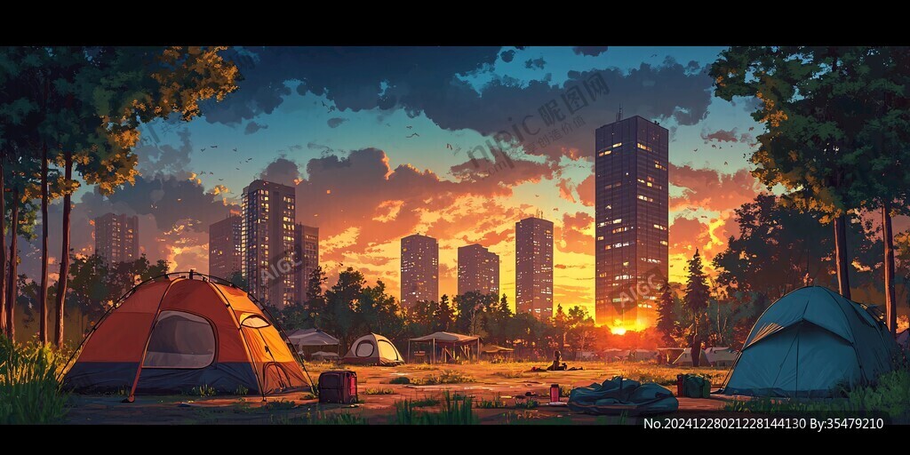 夕陽下的露營基地