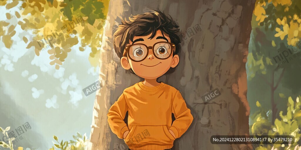 坐在樹屋上的男孩插畫