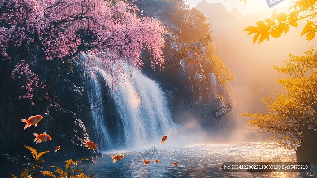 山水瀑布梅花