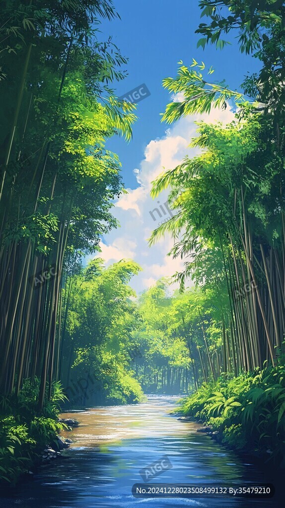 竹林河流山水