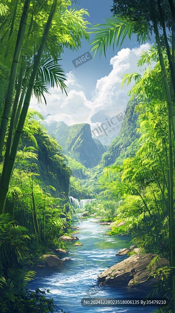 竹林河流山峰