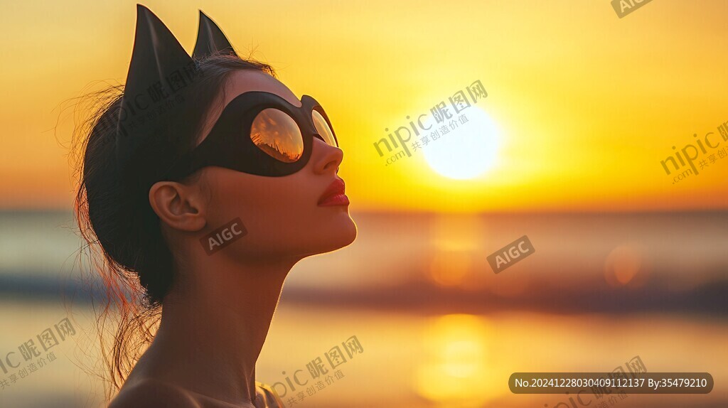 美女看日落