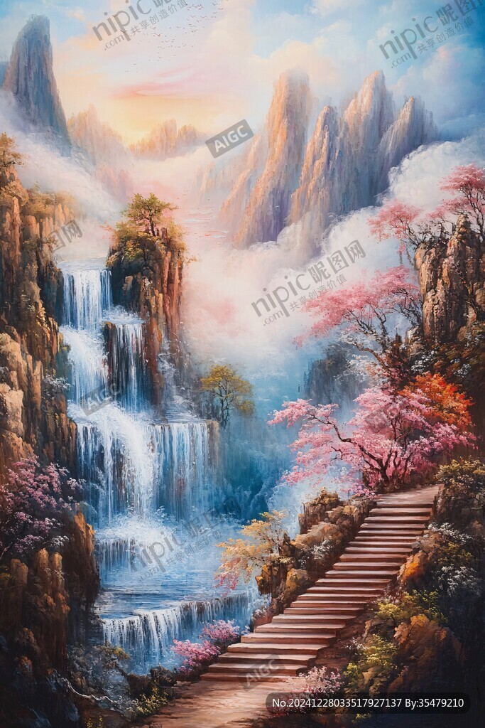 山水風(fēng)景油畫瀑布