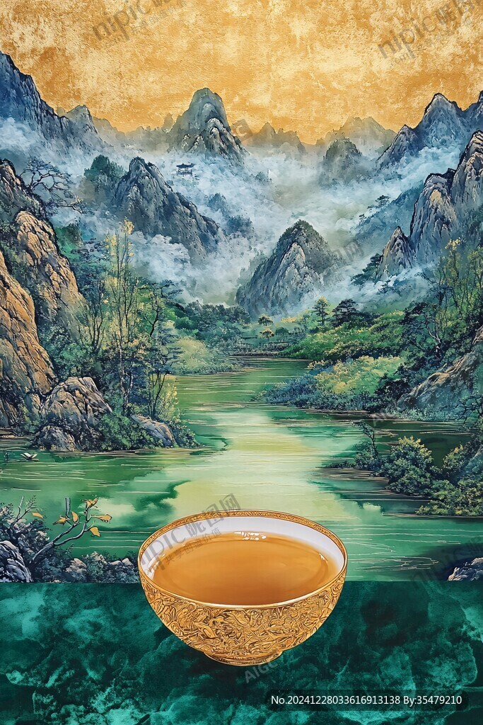 山水畫茶樹茶杯茶園