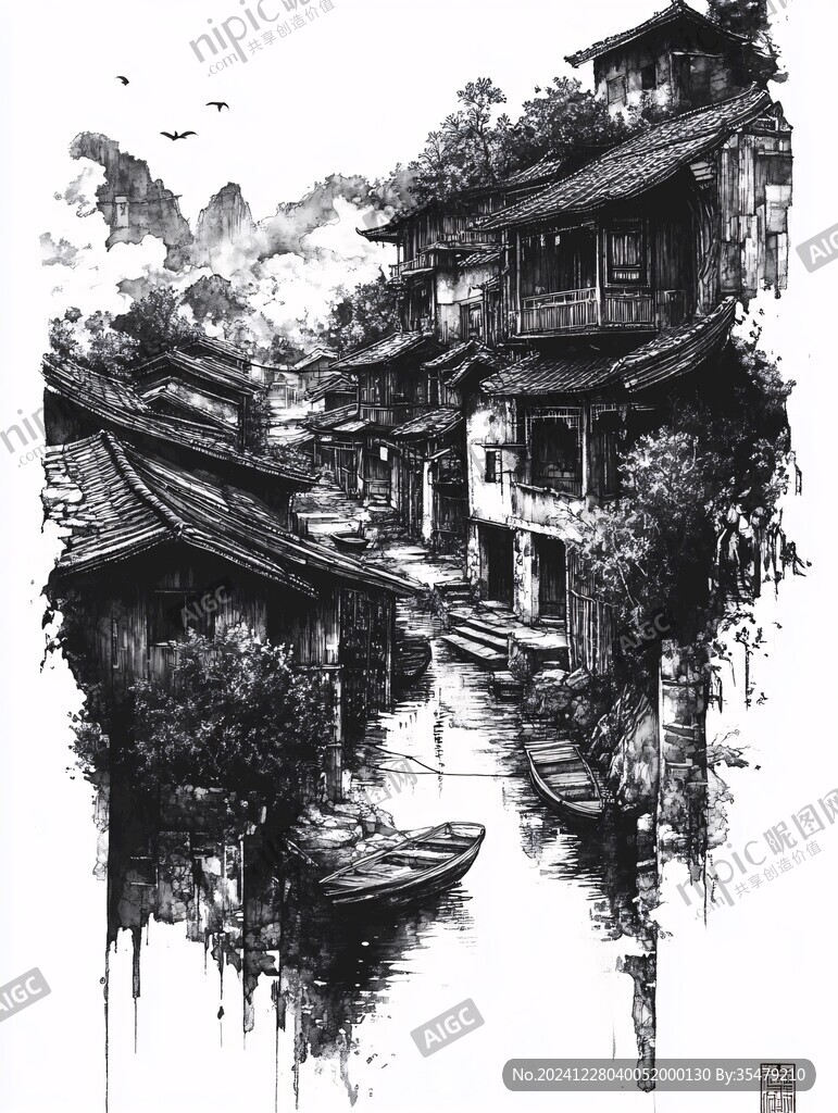 磁器口風景鋼筆畫