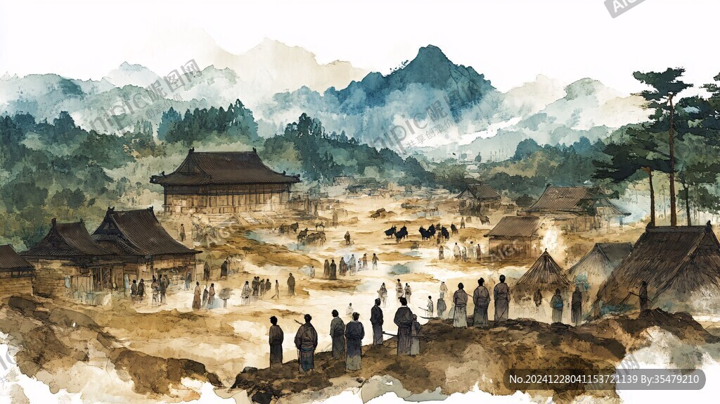 插畫橫店水彩水墨山水