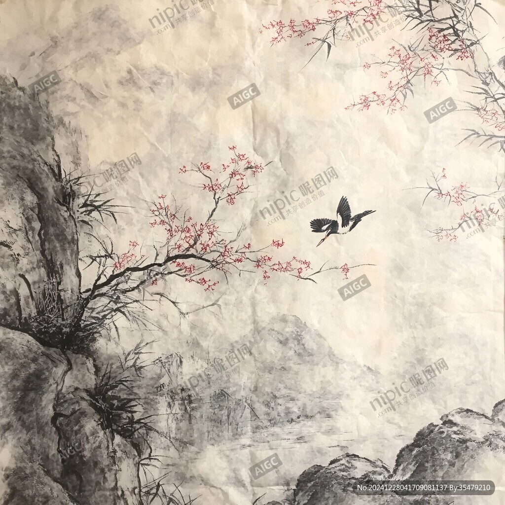 紅梅花鳥山水
