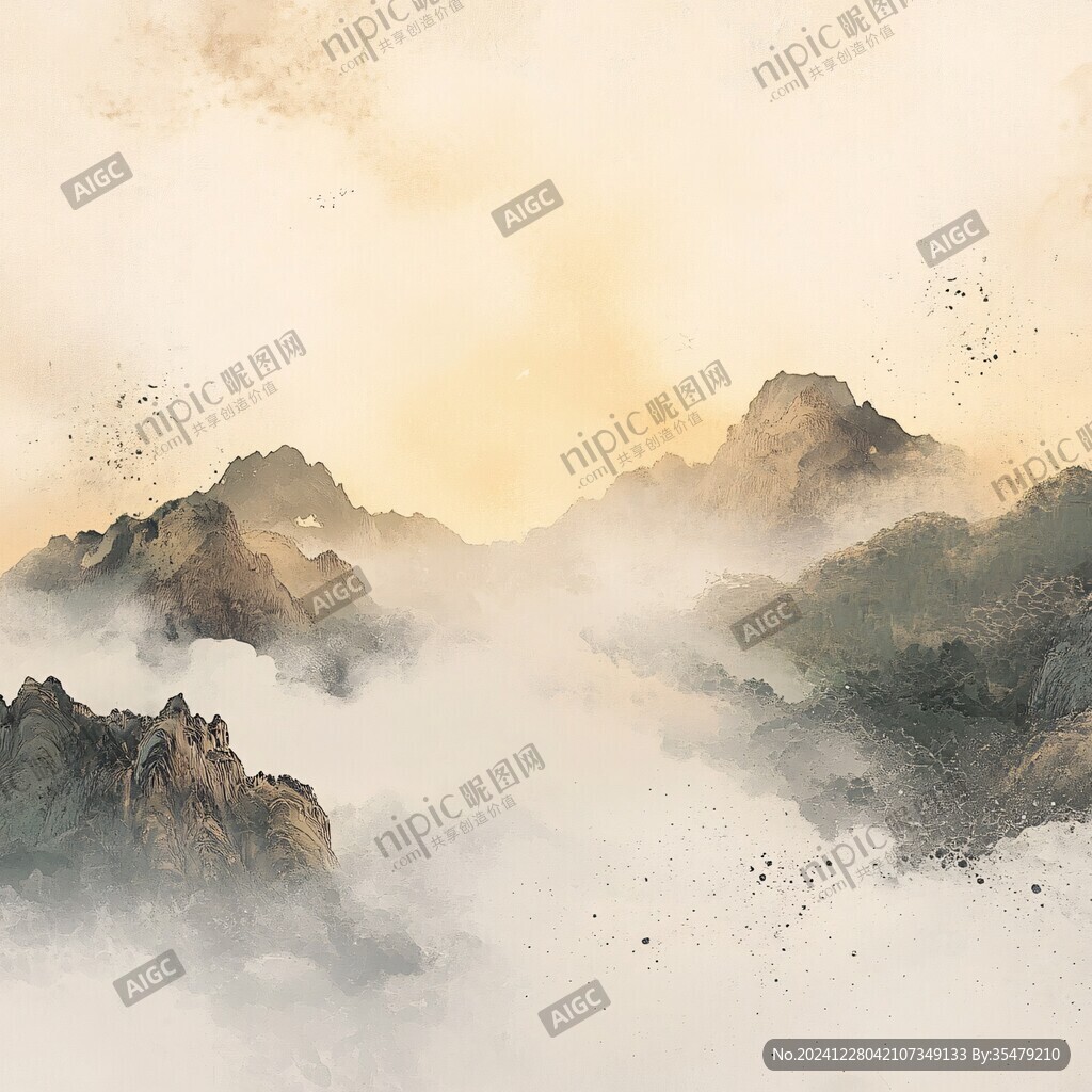 淡雅金色煙霧山水