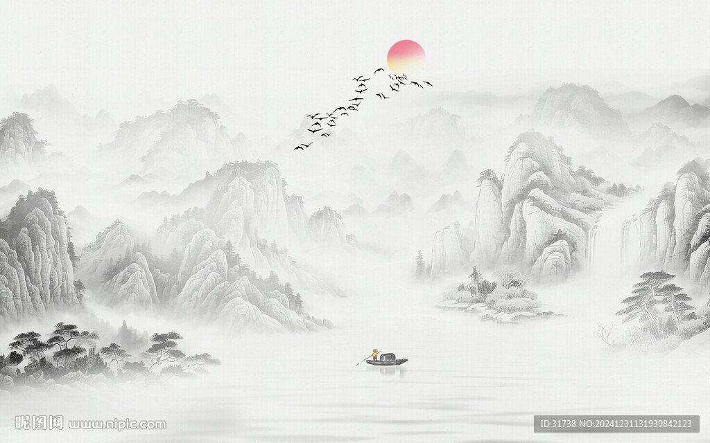  新中式國畫流水生財背景墻