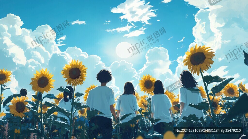 向日葵中的男生背影