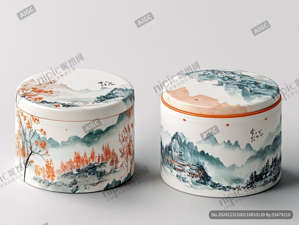 山水人物瓷蓋盒