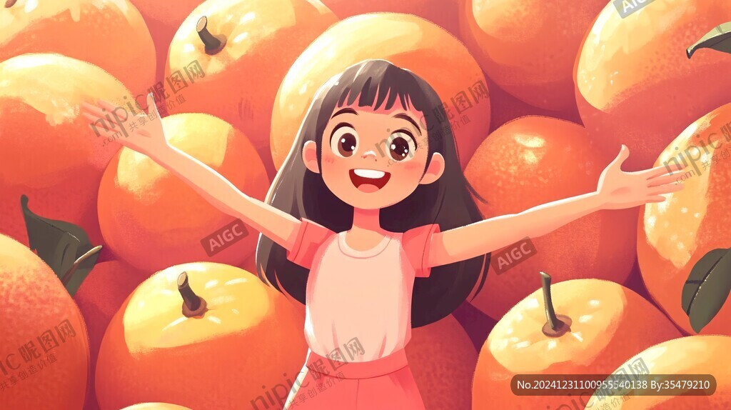小女孩站在芒果上插畫