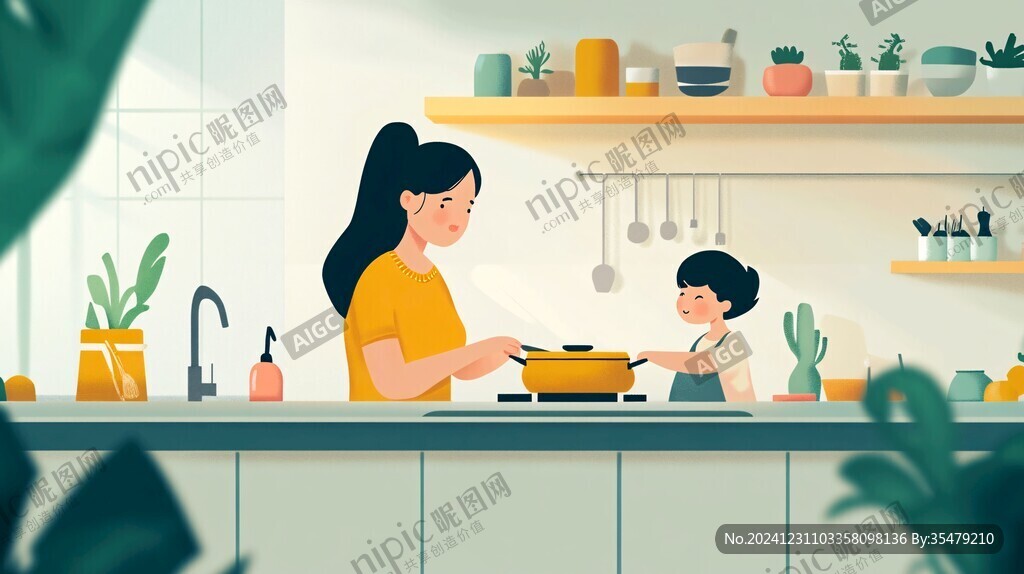 面條插畫媽媽做飯