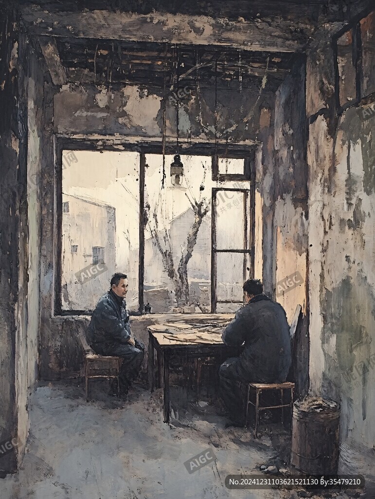 茶館場景油畫