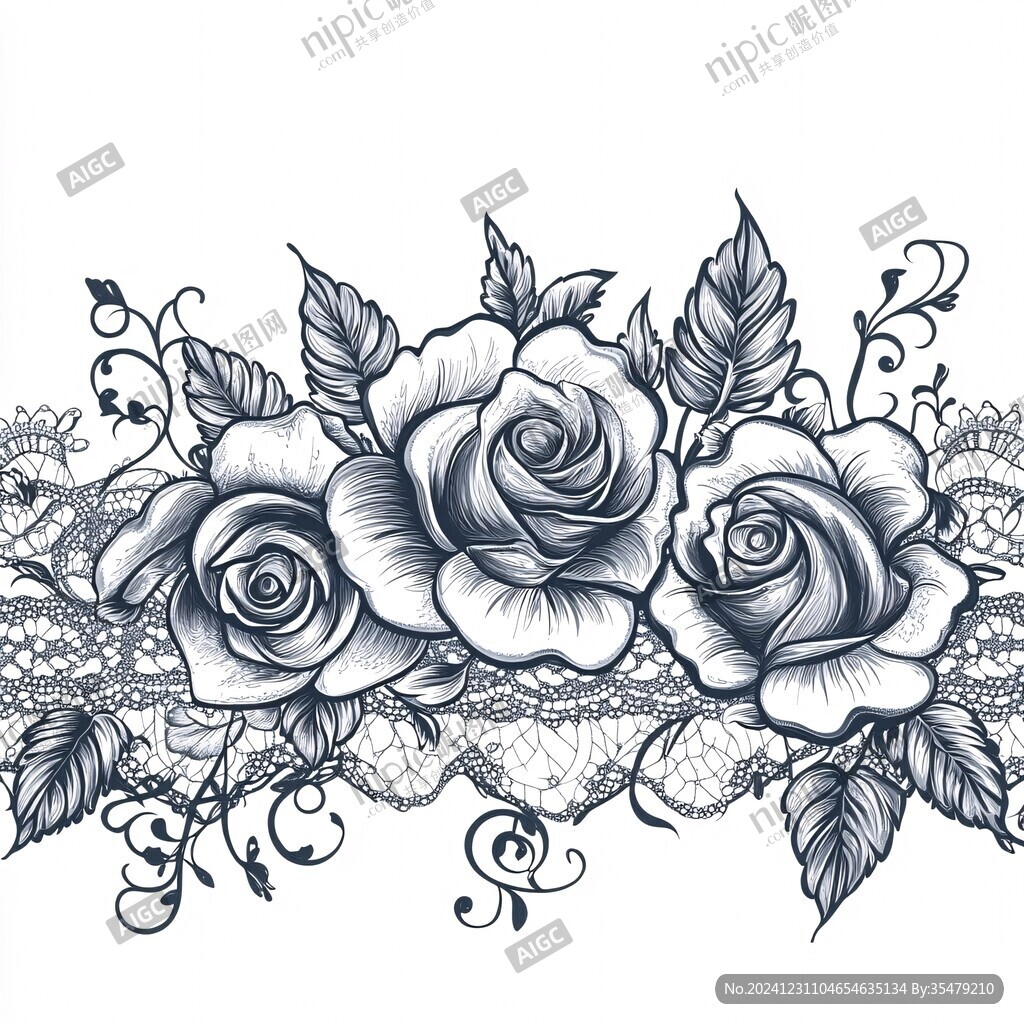 玫瑰花黑白線描畫