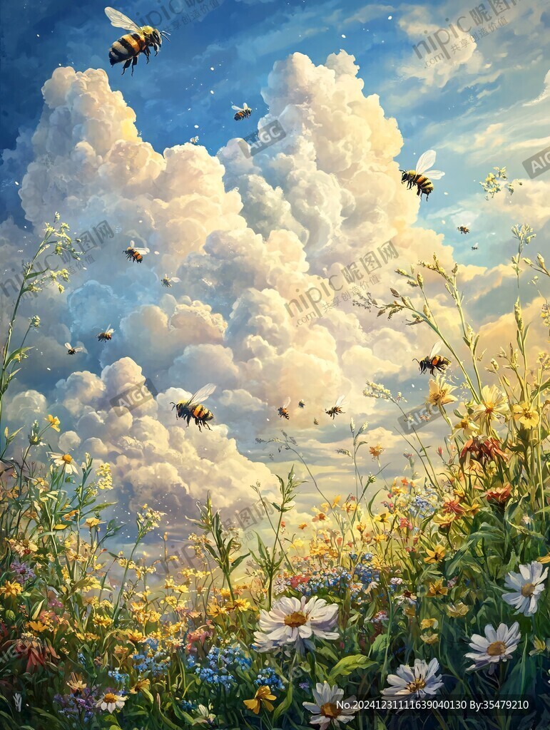 藍天白云鮮花油畫