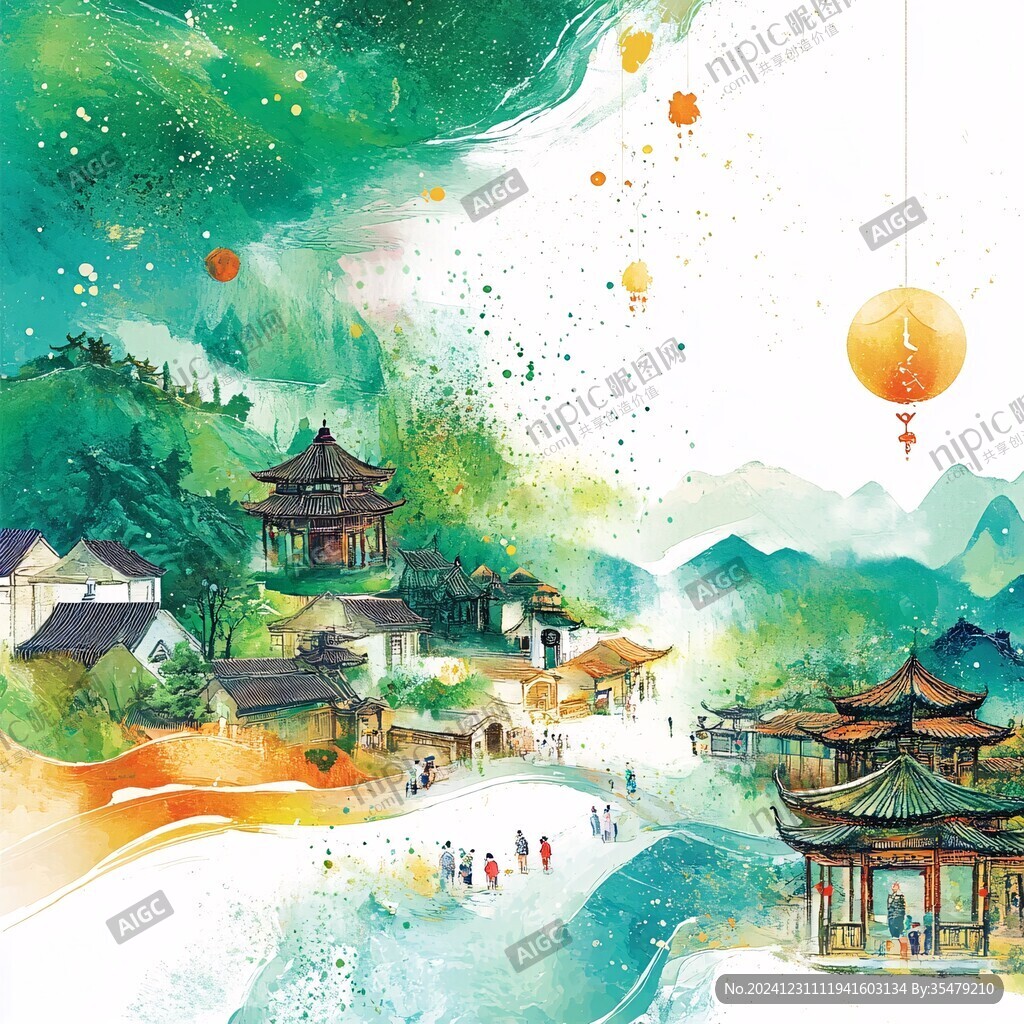 插畫橫店水彩水墨山水