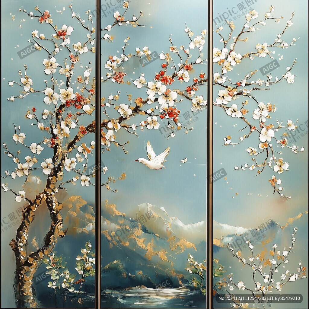 移門工筆畫冰晶畫梅花