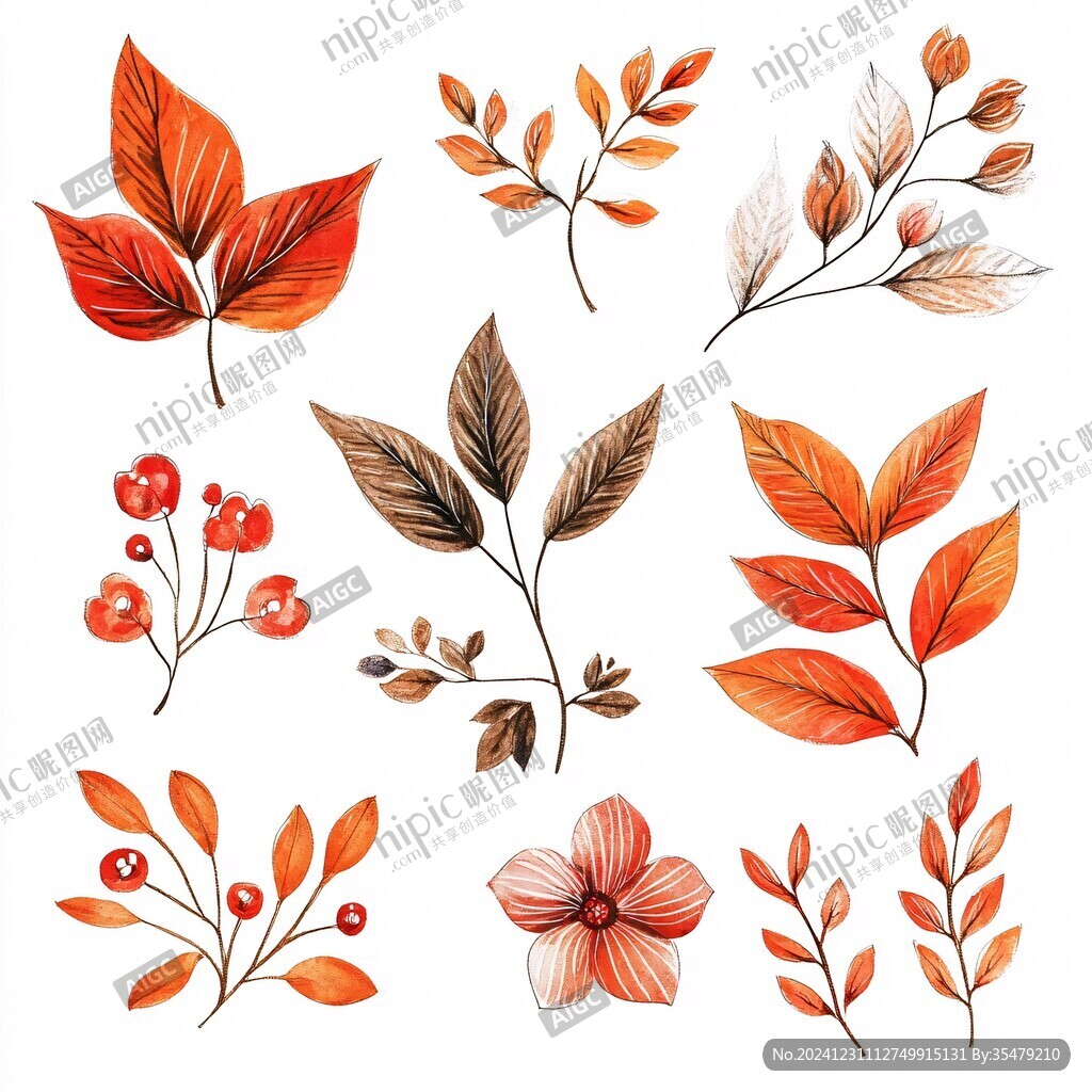 手繪水彩紅葉