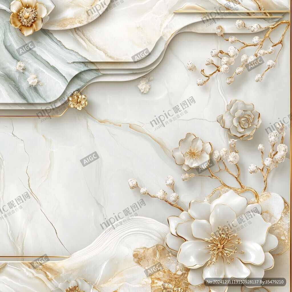 輕奢金色牡丹花線條