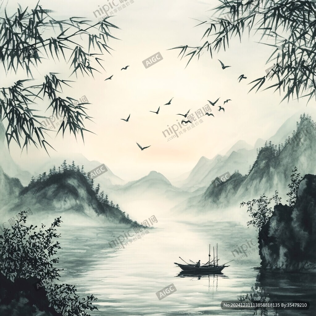 中式竹葉山水裝飾畫