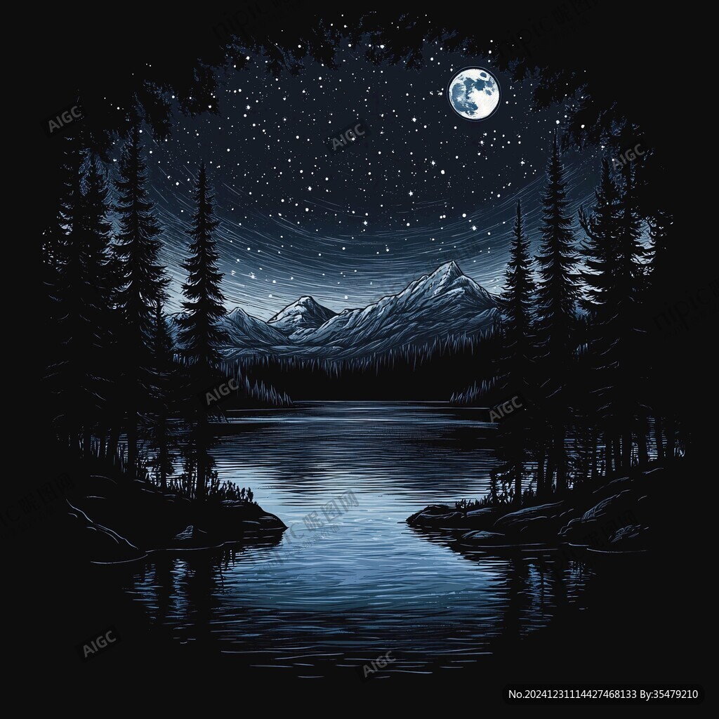 插畫夜景湖泊