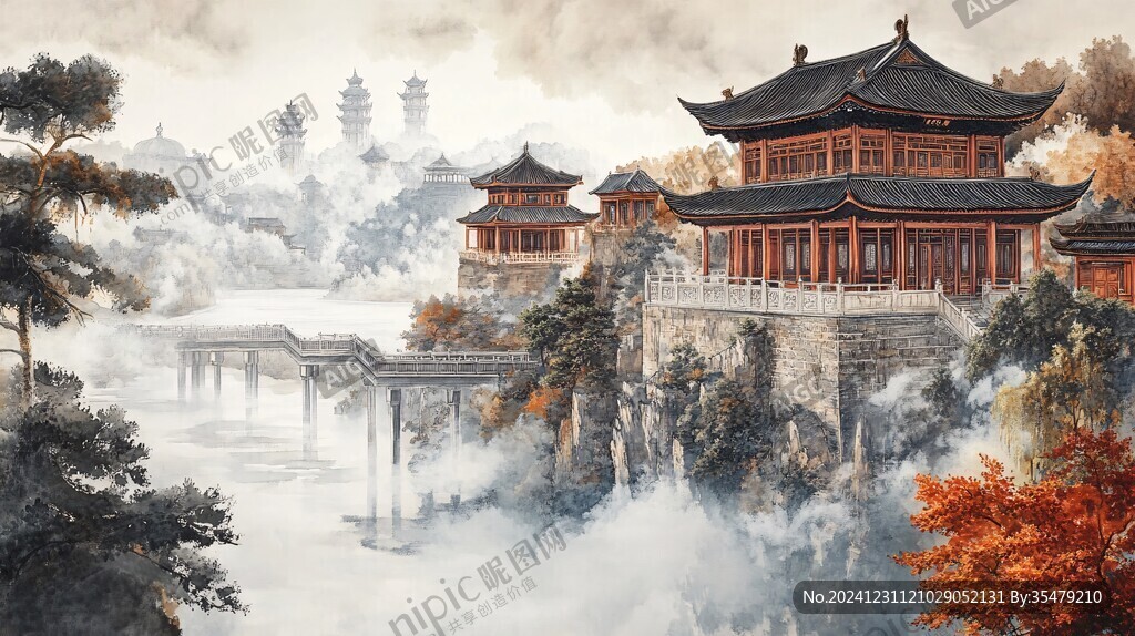 插畫橫店水彩水墨山水