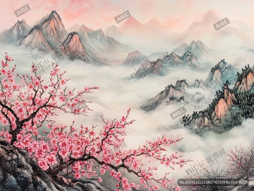 桃花水墨山水畫