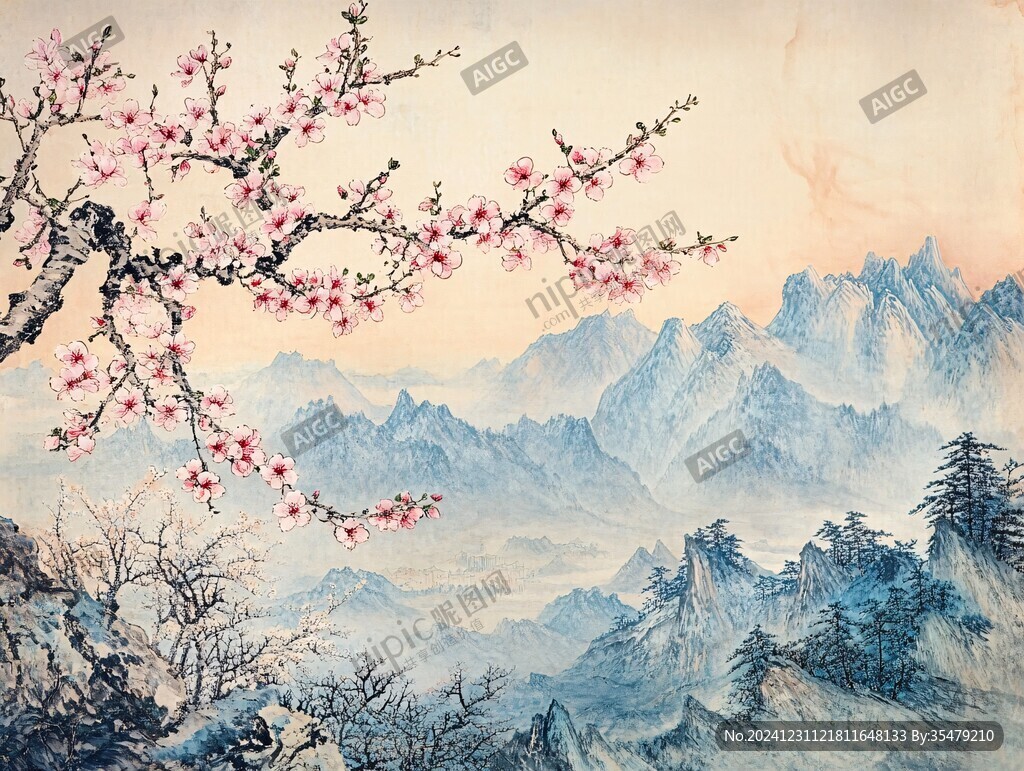 工筆紅梅山水畫