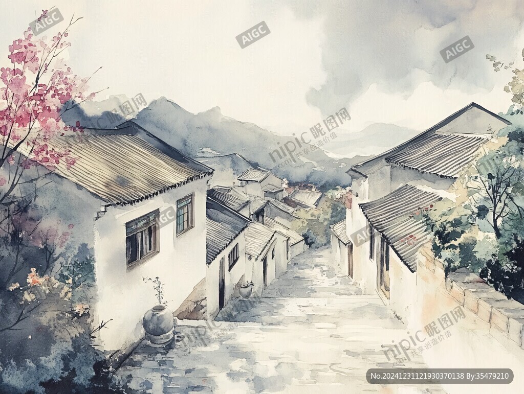江南小鎮水彩