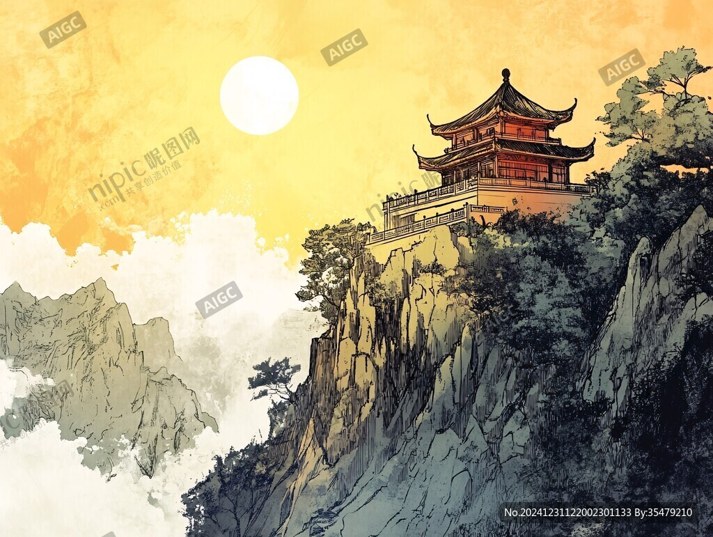 旭日東升樓閣山水畫