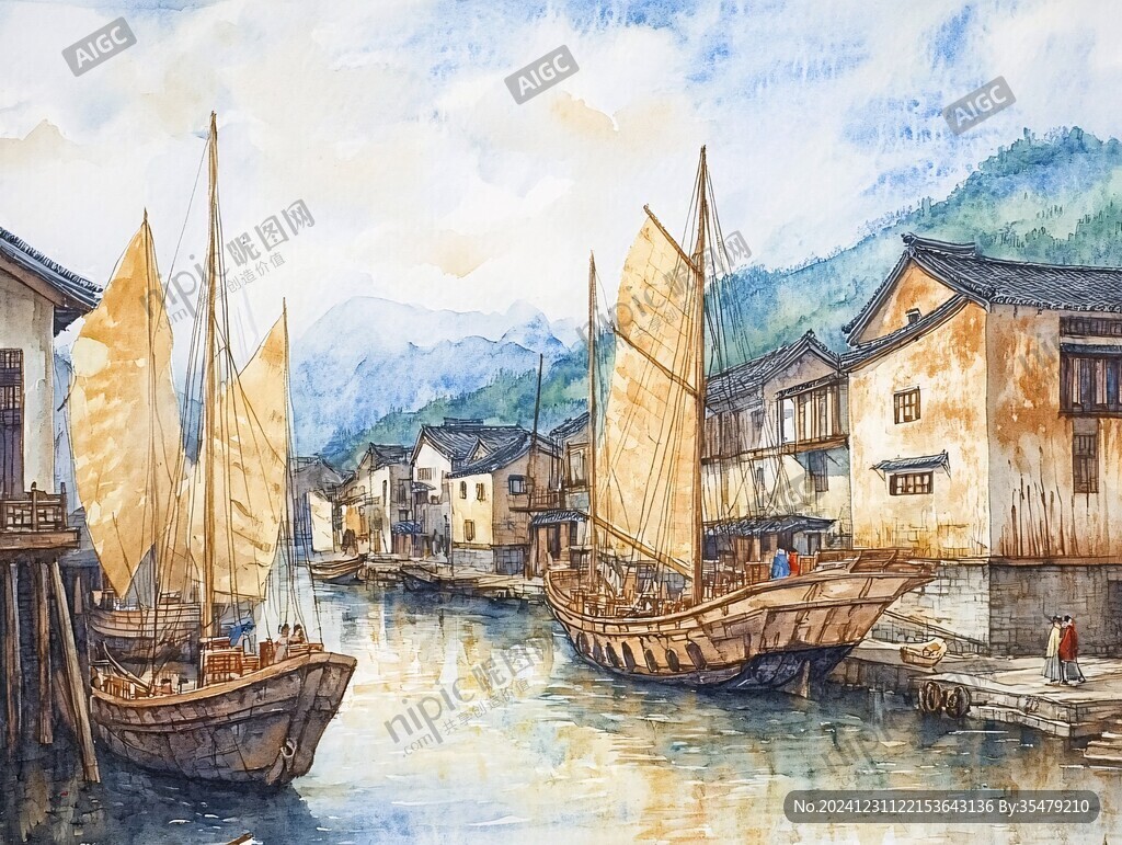 水鄉(xiāng)古鎮(zhèn)插畫