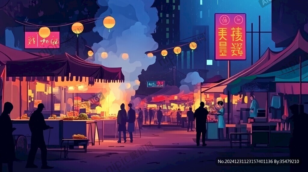 小吃街插畫