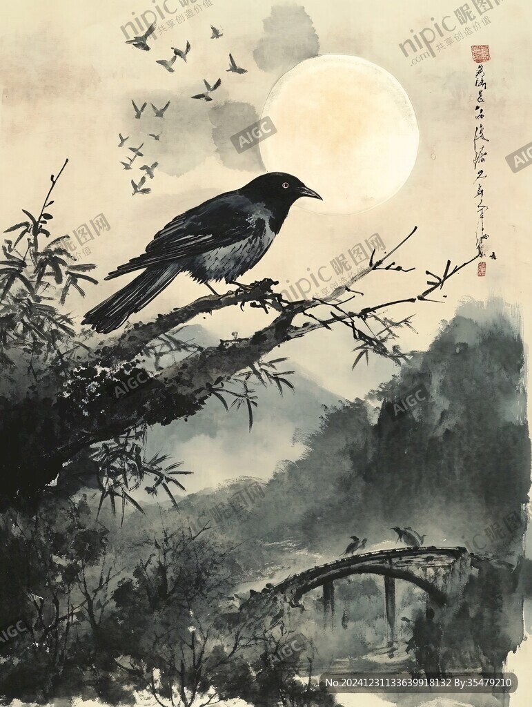月色小鳥圖
