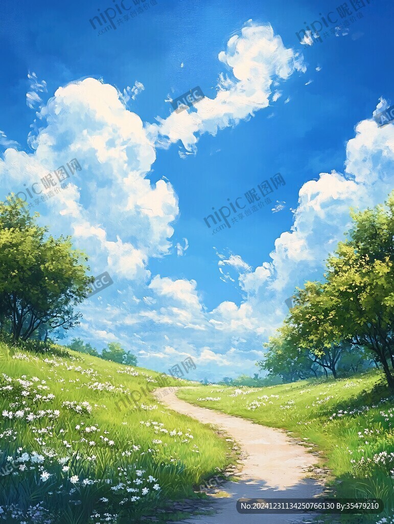 藍天白云大樹小路油畫