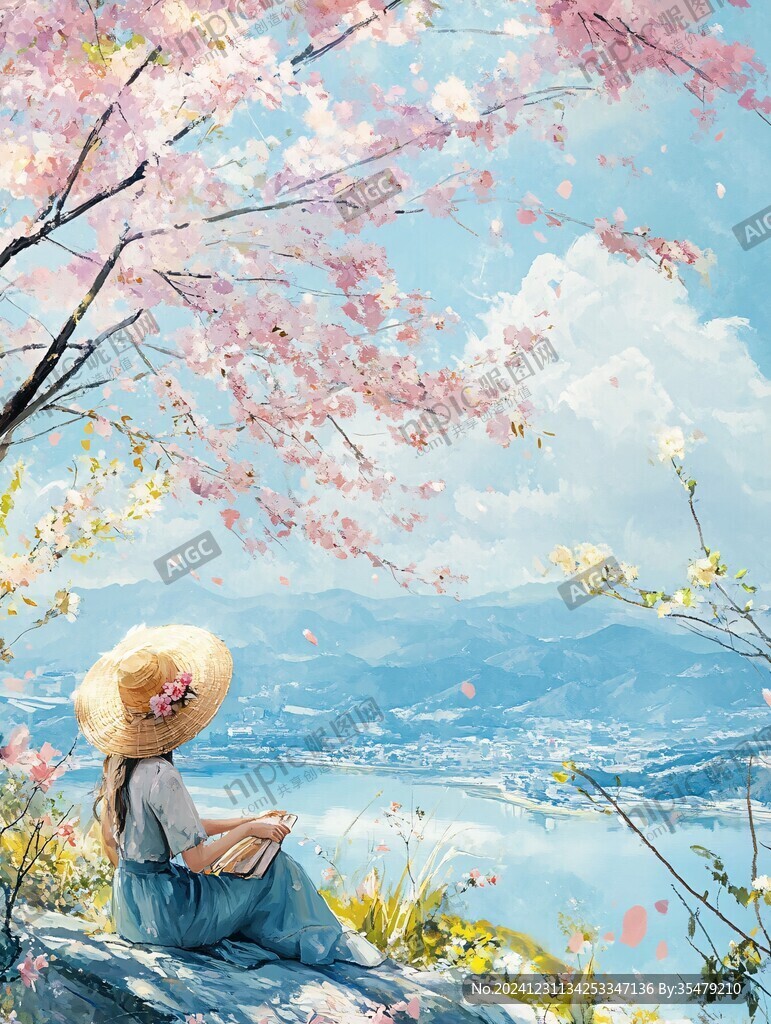 春日櫻花樹下的少女
